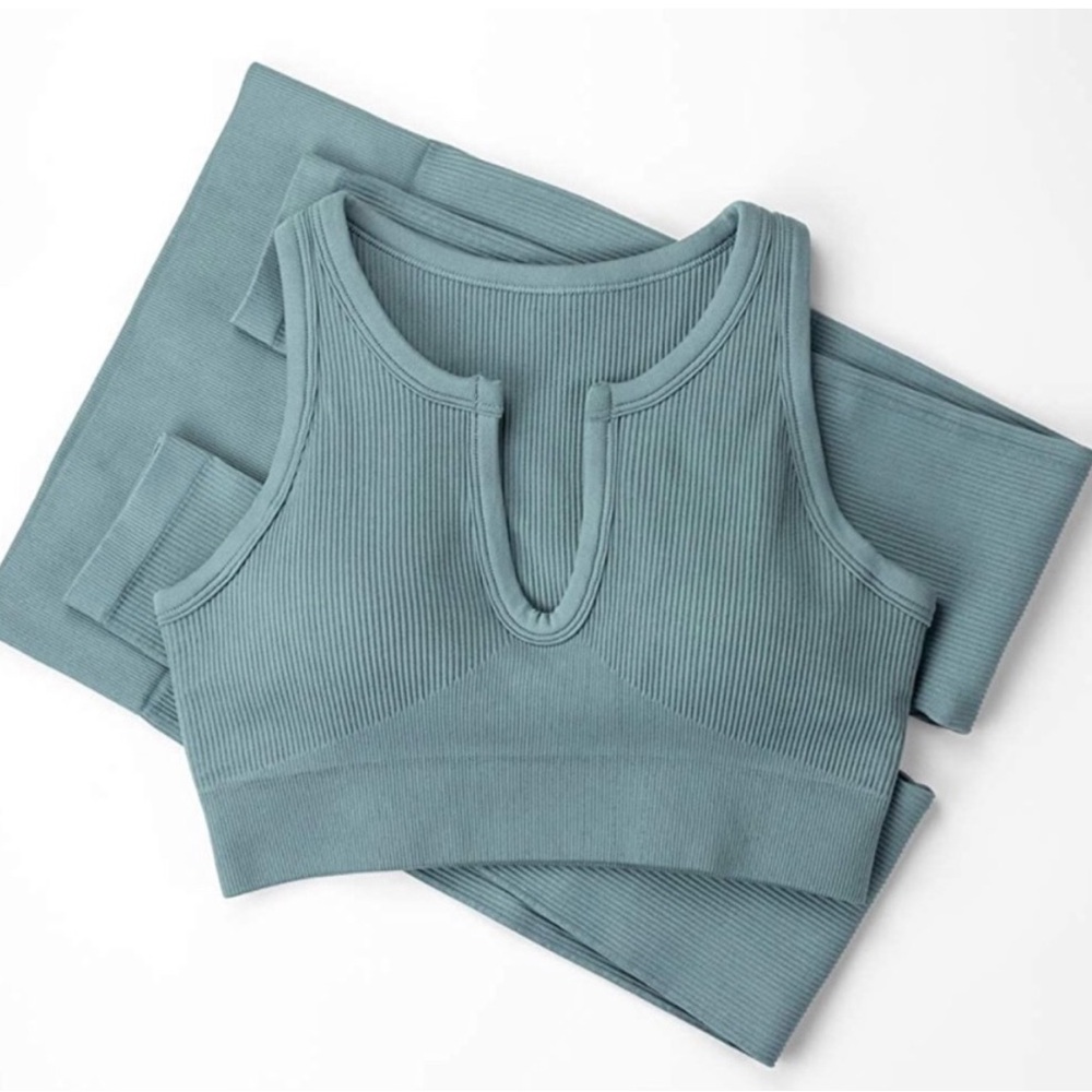Qinsen NWOT Workout 2 Piece Ribbed Seamless Crop Tank High Waist Yoga Leggings - Picture 4 of 5